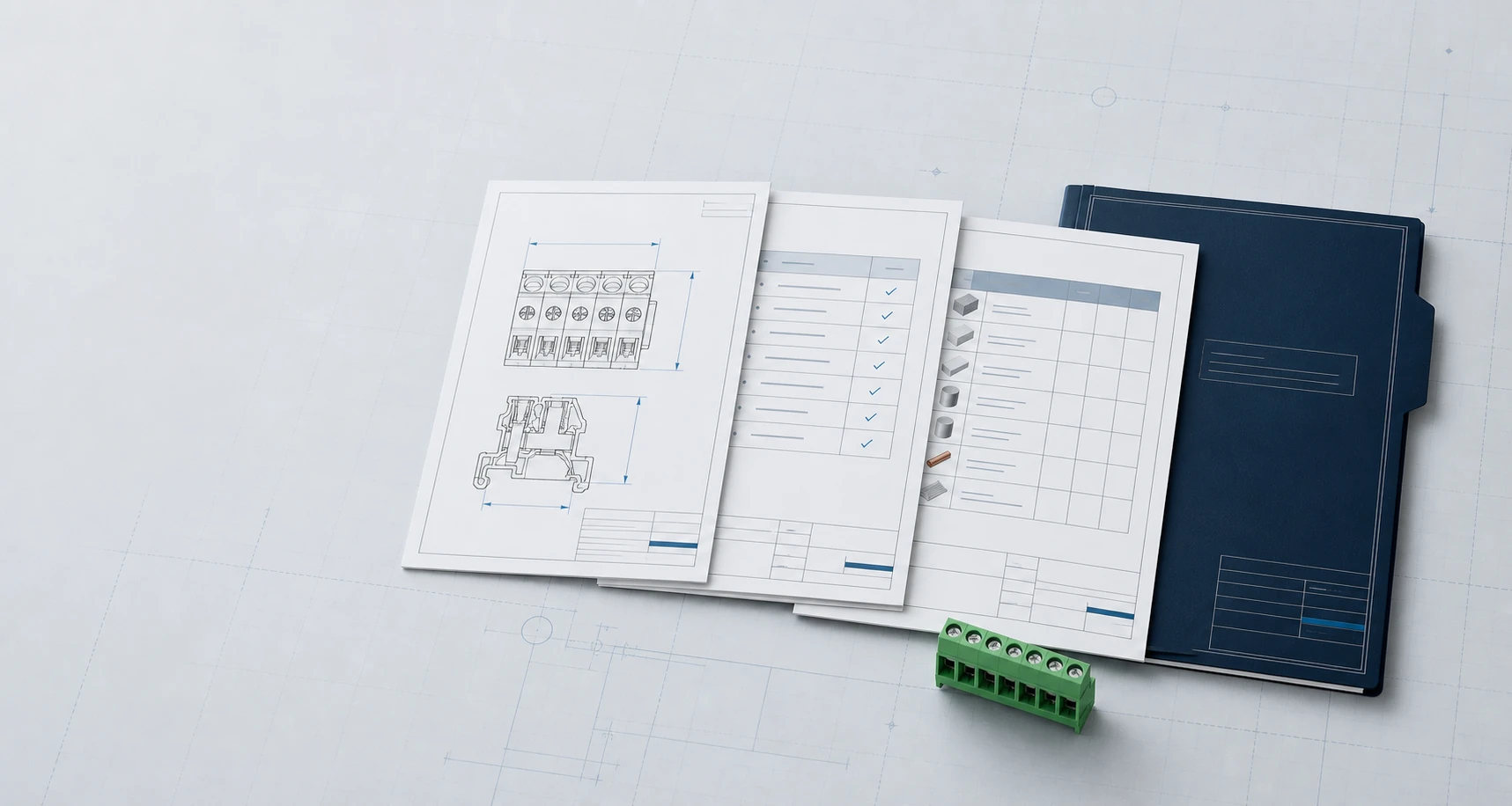 Illustrative technical drawing, inspection and material document workflow